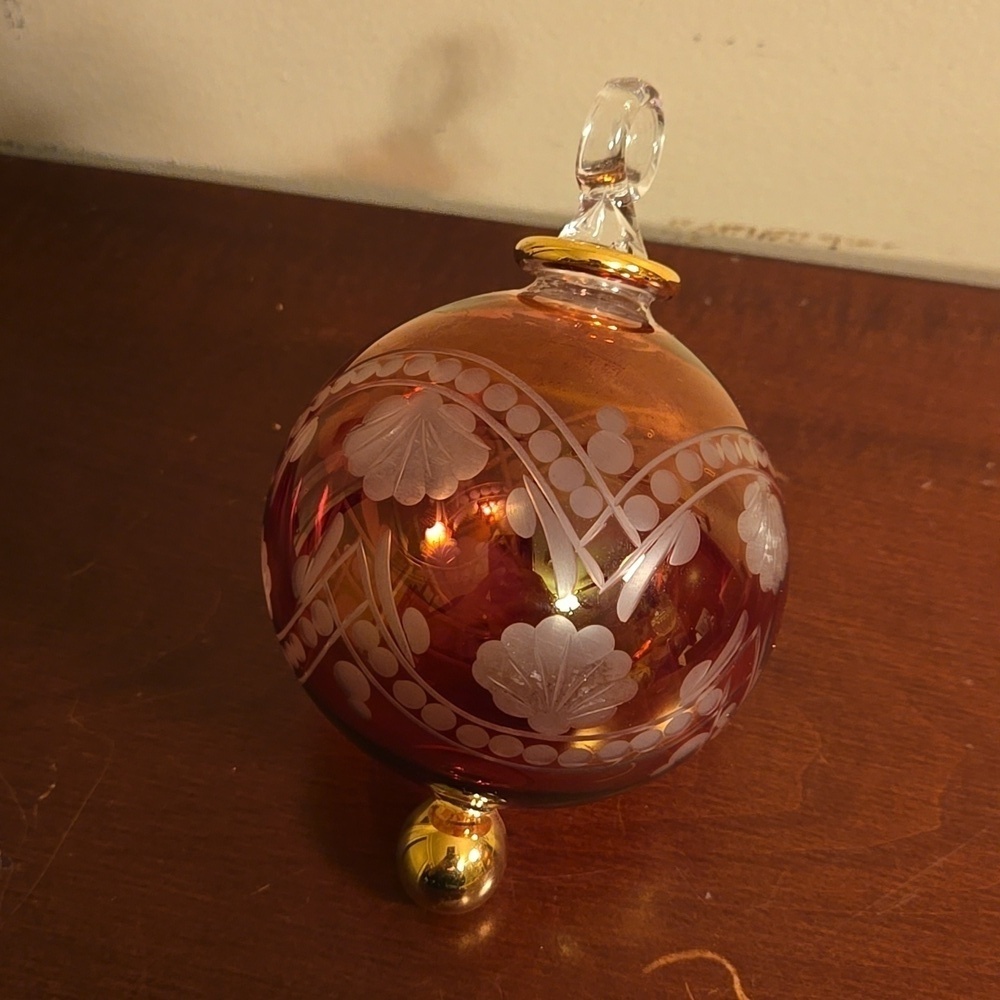 Cranberry Glass Etched Glass Ornament Six Inches
